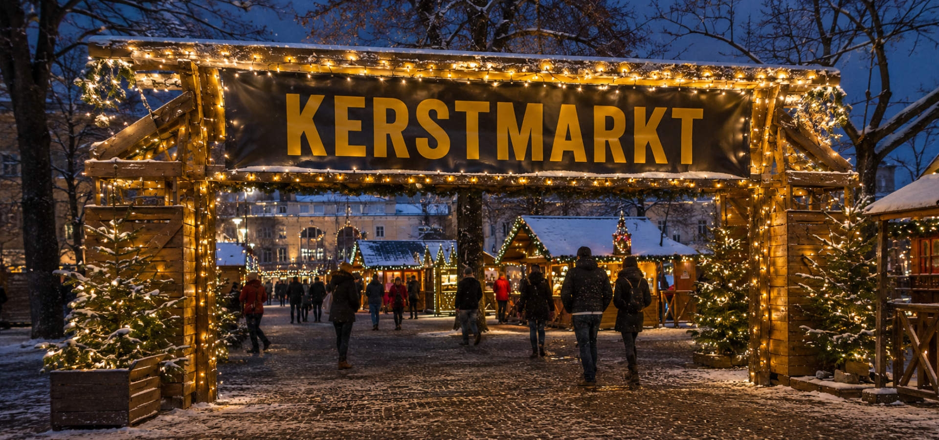 Kerstmarktkraam met banner op een winters stadsplein