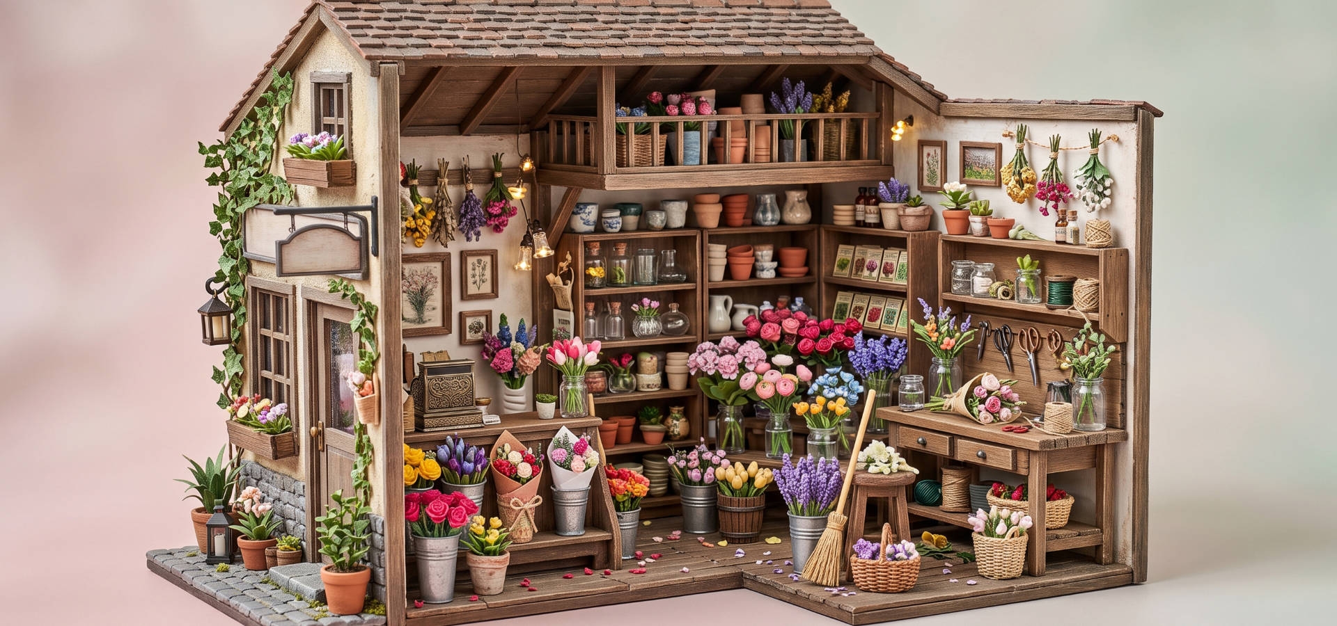 Onderdelen van een kerst book nook bouwpakket op een werktafel