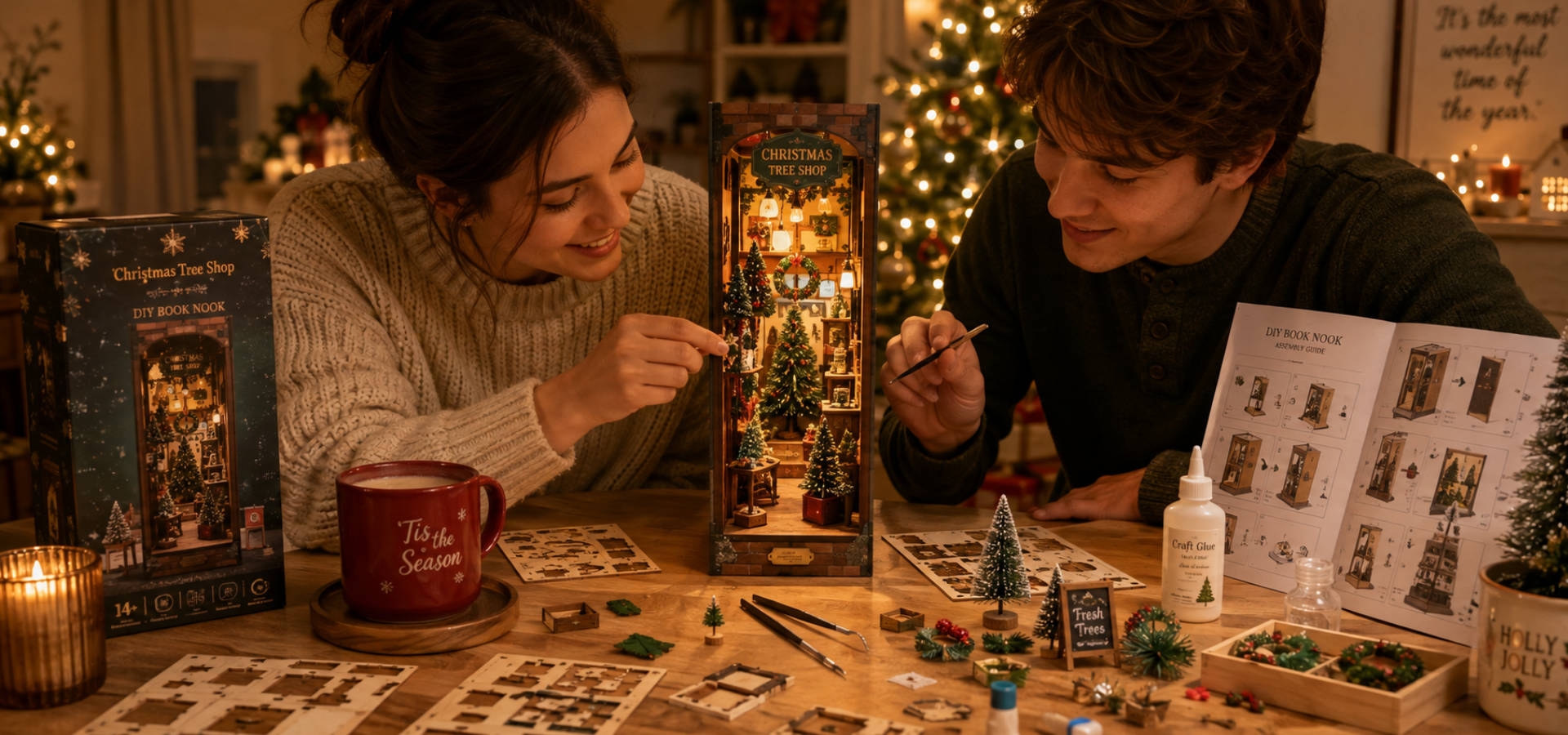 Miniatuur kerstmarkt met verlichte kraampjes en sneeuw tussen boeken