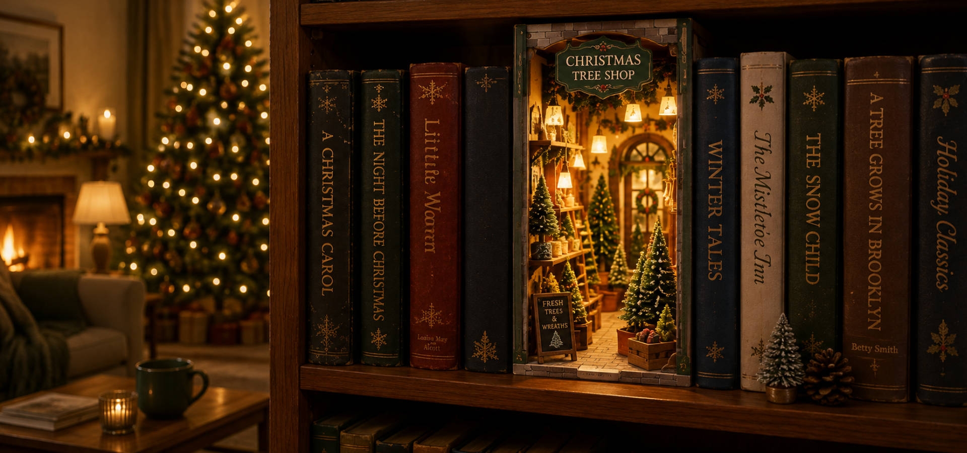 Verlichte kerst book nook tussen boeken op ooghoogte