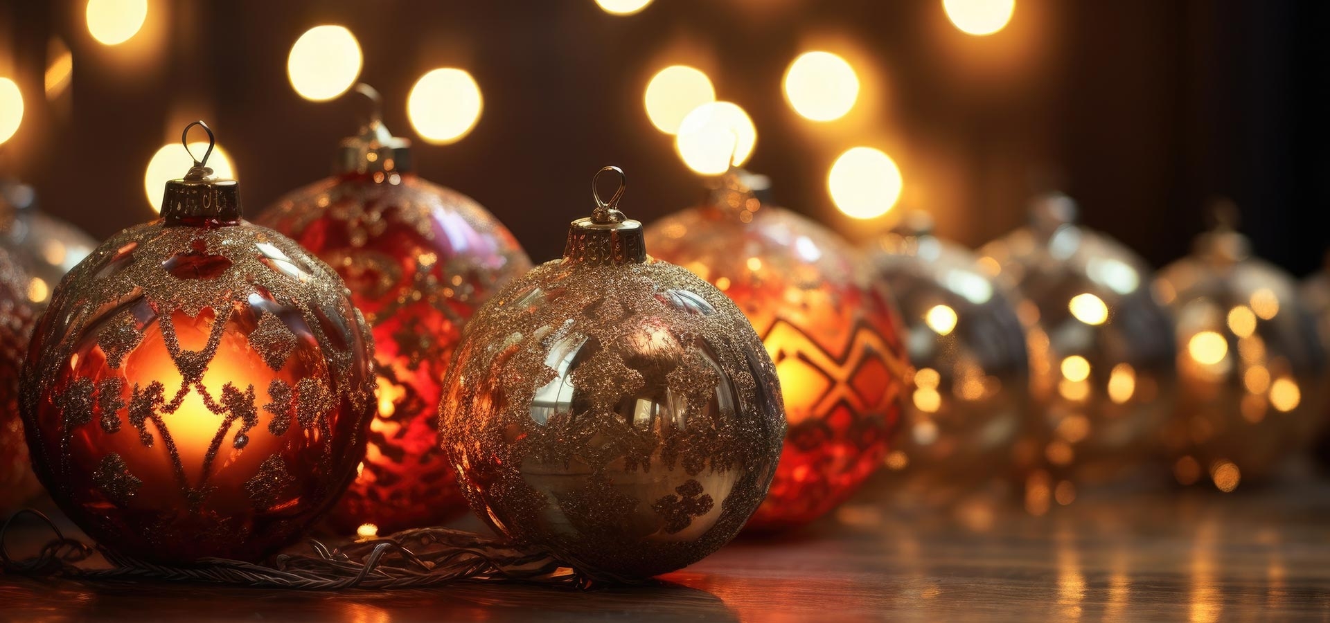Sfeervolle kerstballen met rode en gouden details.