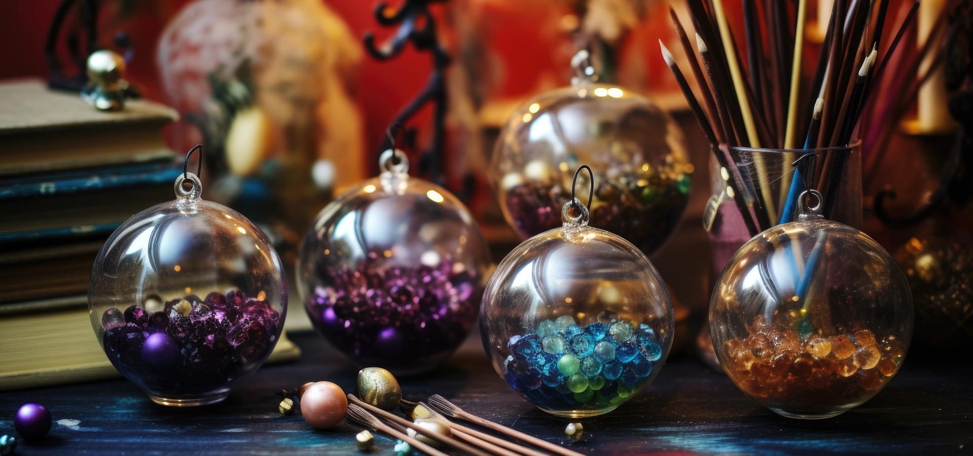 Zelfgemaakte kerstballen met gekleurde kraaltjes.