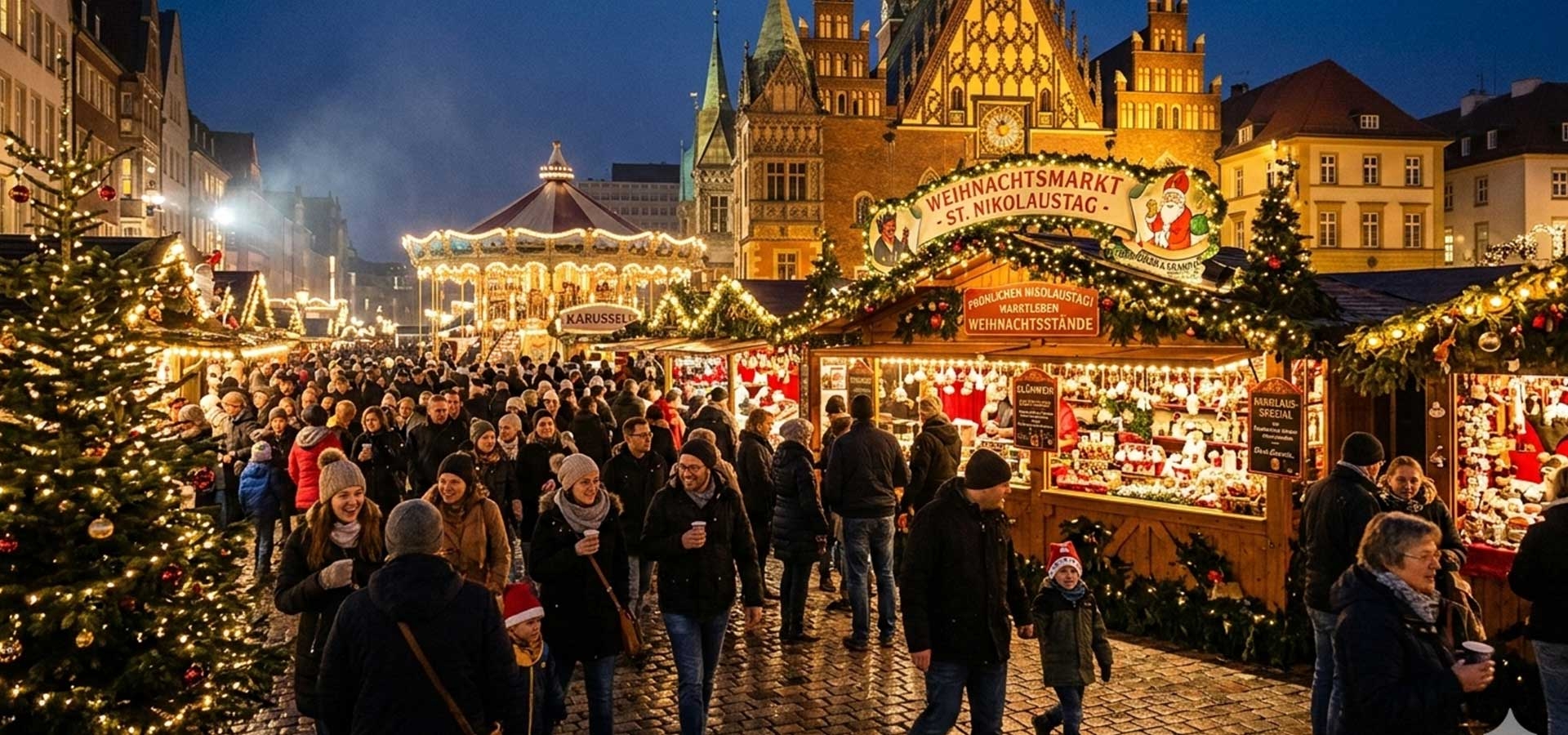 Bezoekers op een Duitse kerstmarkt tijdens een feestdag met Nikolaus en versierde kraampjes