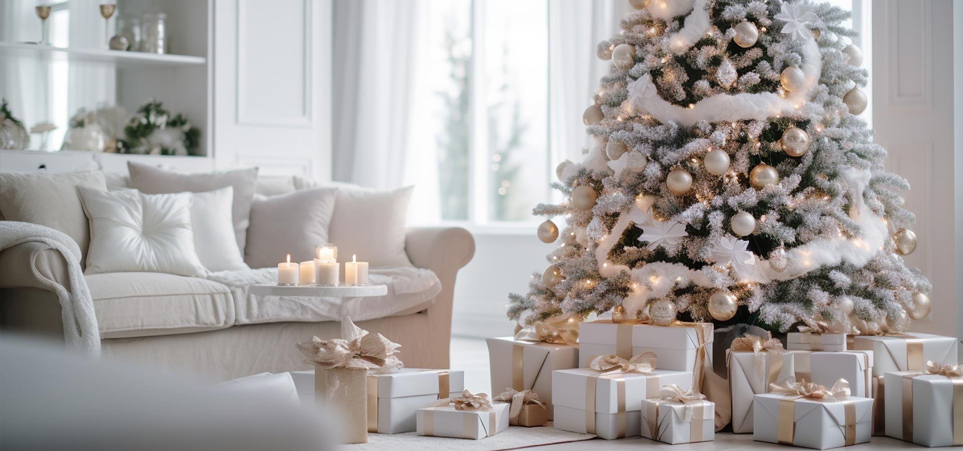 Witte kerstboom met witte versiering.