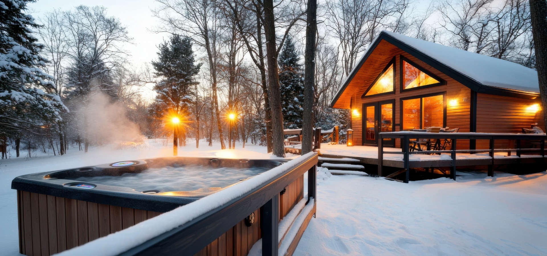 Winterse avond met fonkelende lichtjes en stilte binnen vakantieaccommodatie