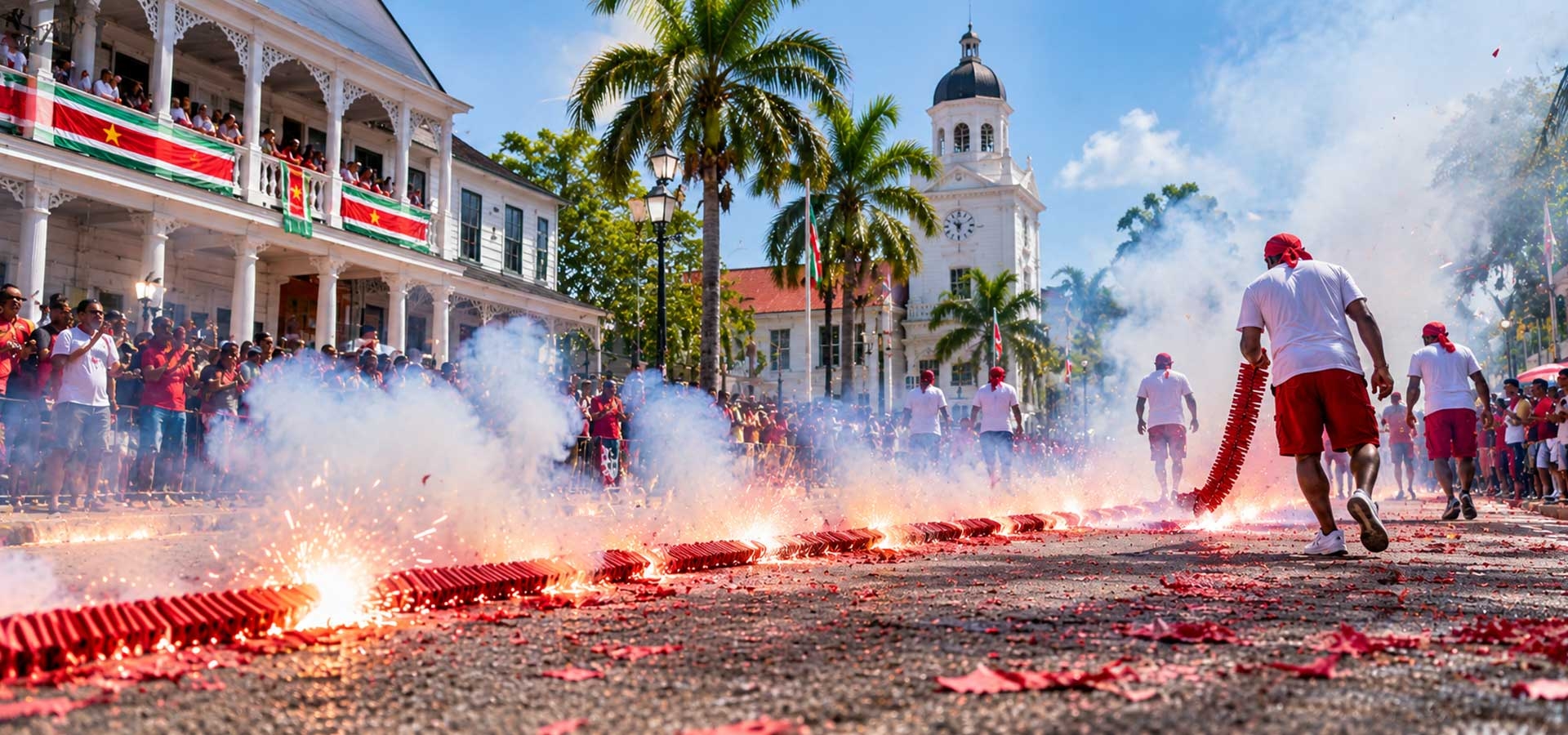 Pagara vuurwerkestafette tijdens de Owru Yari jaarwisseling in Paramaribo Suriname