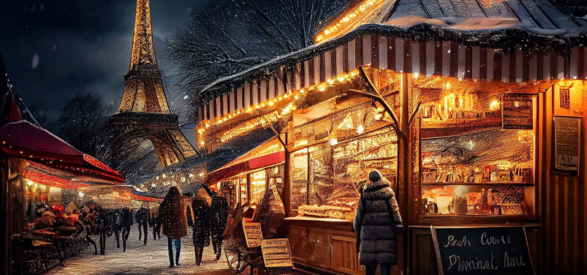 De straten van Parijs gloeien van de warme gloed van feestelijke lichten met op de achtergrond de Eiffeltoren