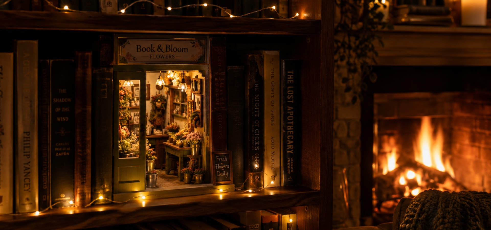 Verlichte kerst book nook tussen boeken op ooghoogte