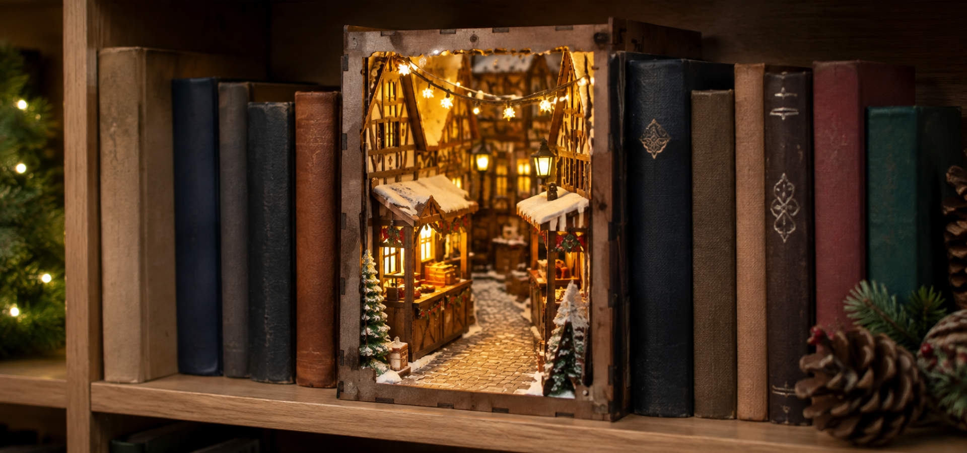 Kerst book nook met smalle straat, kraampjes en warme verlichting