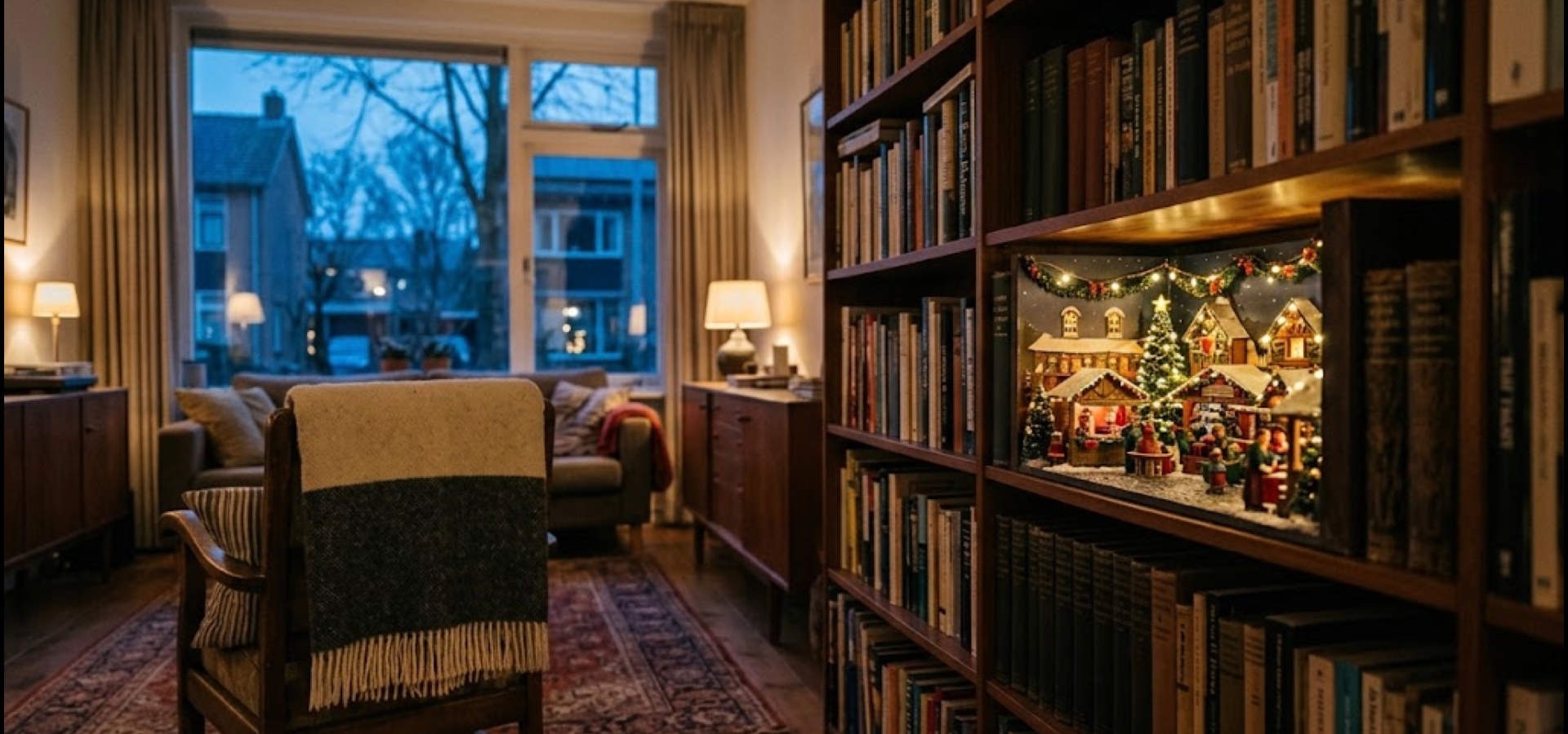 Miniatuur kerstmarkt met verlichte kraampjes en sneeuw tussen boeken