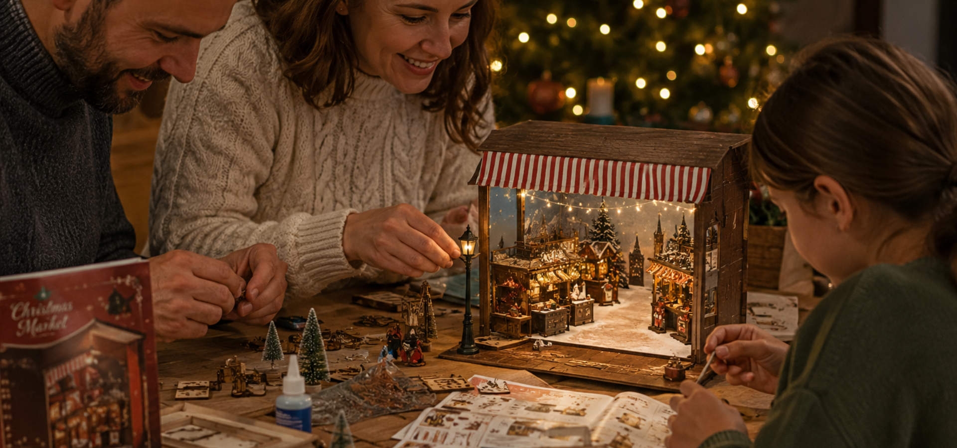 Samen werken aan een winterse miniatuur met kerstkraampjes