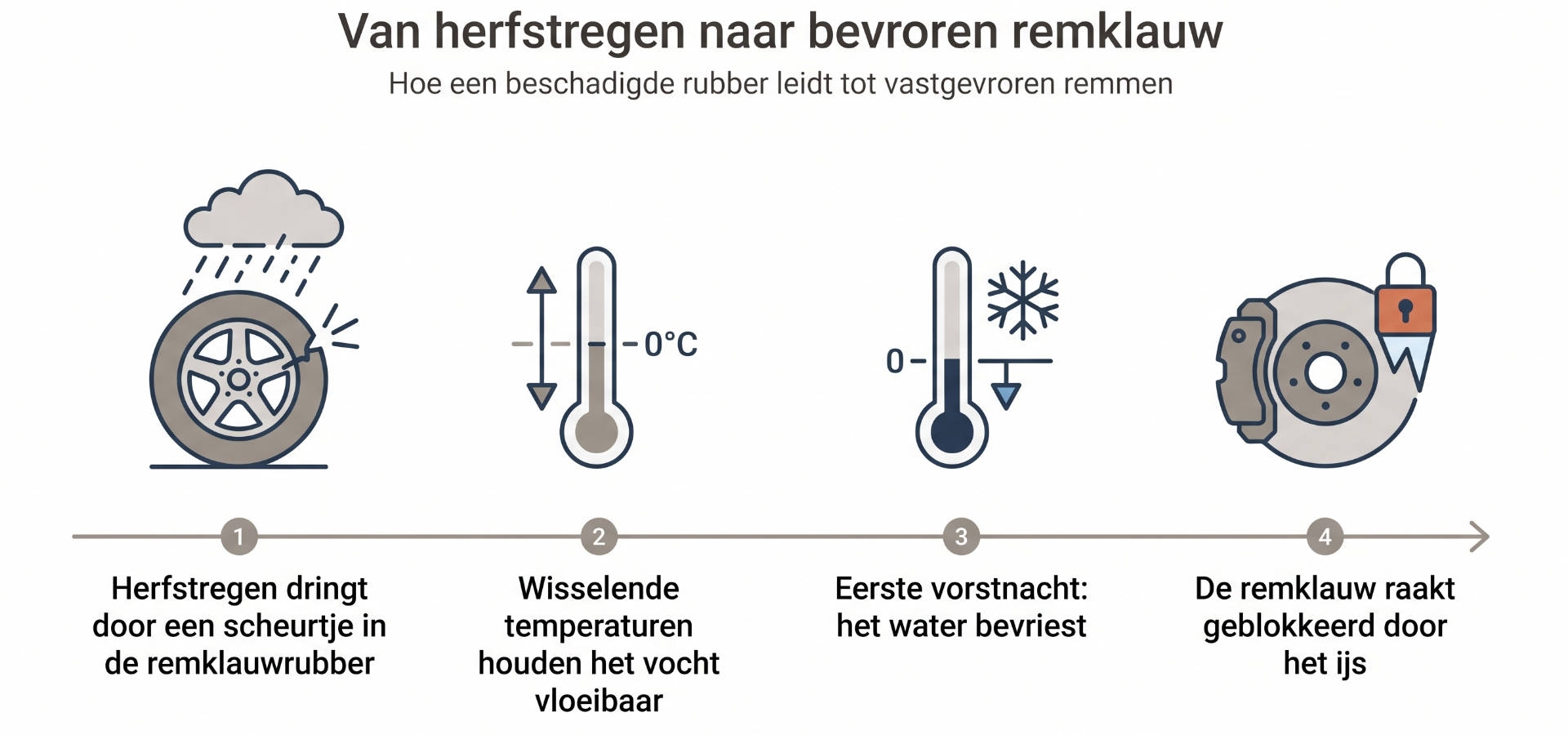 Infographic over vocht in een remklauw dat tijdens de eerste vorst bevriest