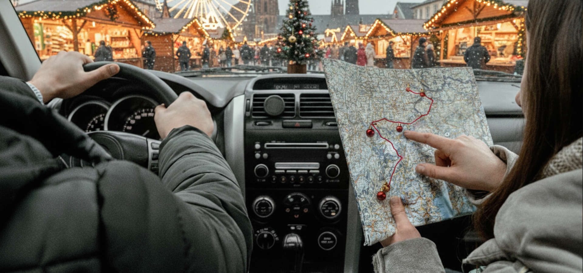 Kaart of route langs Duitse kerstmarkten met auto